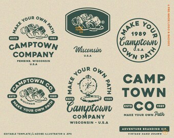 6 Hand Drawn Adventure, Outdoor, Mountain, Vintage Badge Editable Logo Design Template Branding Kit