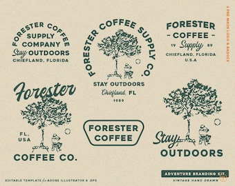 6 Hand Drawn Adventure, Coffee, Mountain, Vintage Badge Editable Logo Design Template Branding Kit