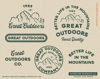 6 Hand Drawn Adventure, Outdoor, Mountain, Vintage Badge Editable Logo Design Template Branding Kit