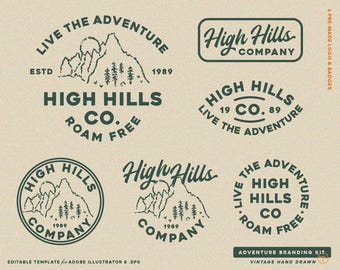6 Hand Drawn Adventure, Outdoor, Mountain, Vintage Badge Editable Logo Design Template Branding Kit