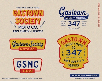 5 Kit di branding per modelli di logo modificabili per officina, personalizzazione e riparazione di motociclette, modelli personalizzati e badge vintage.