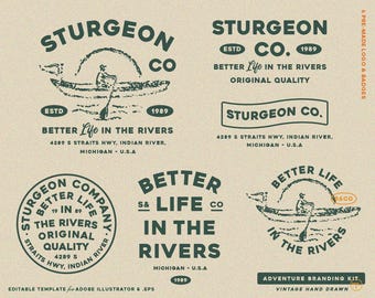 6 Hand Drawn Adventure, Outdoor, Mountain, Vintage Badge Editable Logo Design Template Branding Kit