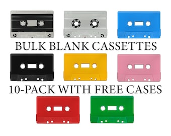 Bulk Blank Cassettes 10 Pack With FREE Poly Cases Choose from 30 60 90 Minute Record Time Variety of Colors