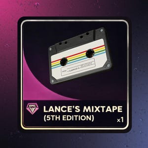 Puede incluir: Una cinta de cassette en blanco y negro con un diseño de rayas coloridas. La etiqueta dice "Lance's Mixtape" y "5th Edition". El fondo es un degradado de morado y negro.