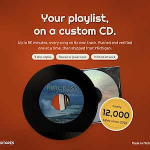 May include: A custom CD with a black vinyl-style label featuring the text Pure Bliss Easy Listening, displayed alongside a standard CD in a clear case. The image includes text about custom playlists, 80 minutes of audio, and 12,000 sales since 2022.