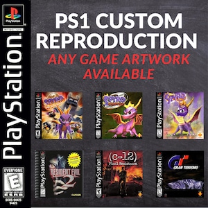 Könnte beinhalten: Eine Sammlung von kundenspezifischen PS1-Spiel-Reproduktionshüllen. Das Bild zeigt verschiedene Spielcover, darunter "Spyro" und "Resident Evil 2", mit dem Text "PS1 CUSTOM REPRODUCTION ANY GAME ARTWORK AVAILABLE". Das PlayStation-Logo ist sichtbar.