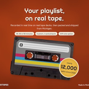 May include: A cassette tape with a gray label featuring horizontal pink, blue, and yellow stripes. Text reads: Your playlist, on real tape. Recorded in real time on real tape decks, then packed and shipped from Michigan. 30, 60 or 90 minutes, Custom J-card artwork, Gift note option, nearly 12,000 sales since 2022, MARS MIXTAPES, Made in Michigan, USA.