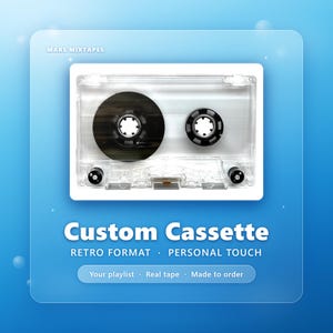 May include: A clear cassette tape with black reels, labeled "Custom Cassette." The text "Retro Format" and "Personal Touch" are also visible. The background is a gradient of blue.