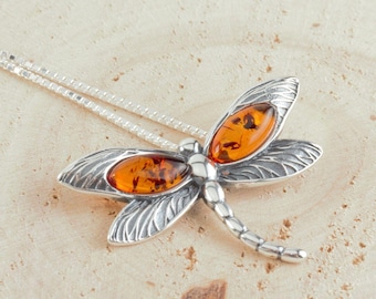 Dragonfly Baltic Amber 925 Sterling Silver Oxidised Pendant
