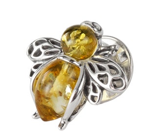 Bee Pin Brooch Lemon Baltic Amber Sterling Silver Brooch