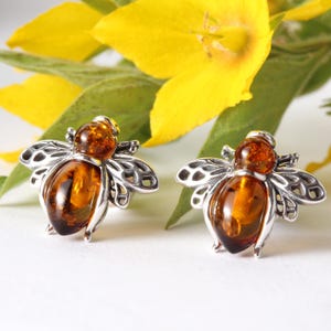 Baltic Honey Amber Bee Stud Earrings: 925 Sterling Silver
