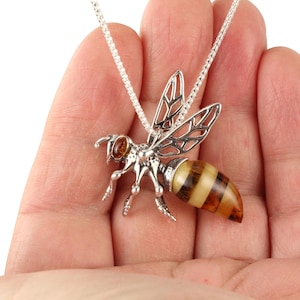 Large Baltic Amber Bee Pendant With Adjustable Popcorn Chain 925 Sterling Silver