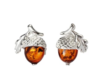 Acorn Oak Leaf Baltic Amber Sterling Silver Stud Earrings