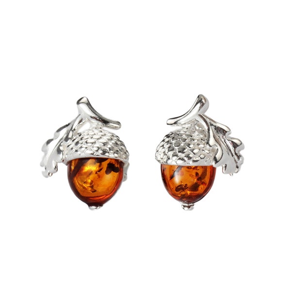 Acorn Oak Leaf Baltic Amber Sterling Silver Stud Earrings