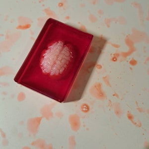 May include: A red plastic container with a white brain-shaped object inside. The container is sitting on a white surface with red splatter marks.