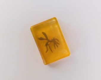 May include: A small, rectangular bar of clear amber soap with a dried flower pressed inside. The soap has a subtle, golden hue and the flower is visible through the soap.
