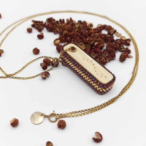 Unique olfactory jewel, Mexico Gold Collection, aromatherapy necklace, French crafts, Miyuki, gold chain filled, wood, original gift