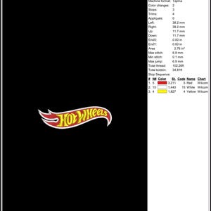 May include: A black background featuring the Hot Wheels logo in red, yellow, and white. The logo is a stylized wordmark with a flame design. The production worksheet details the design's dimensions, stitch count, and colour sequence.