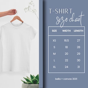 May include: White t-shirt on a hanger with a size chart showing measurements in inches for XS, S, M, L, and XL.