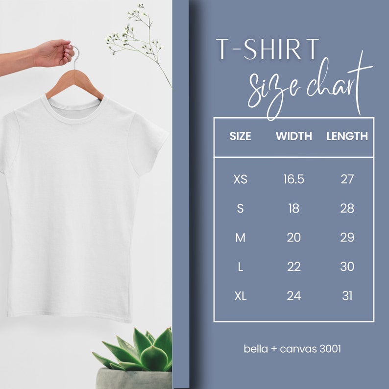 May include: White t-shirt on a hanger with a size chart showing measurements in inches for XS, S, M, L, and XL.