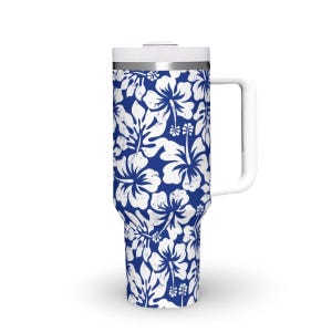 Hibiscus Blue 40oz Tumbler with Handle Large Tumbler with Straw Cute Travel Cup 40 oz Hawaiian Floral Quencher Gift for Her