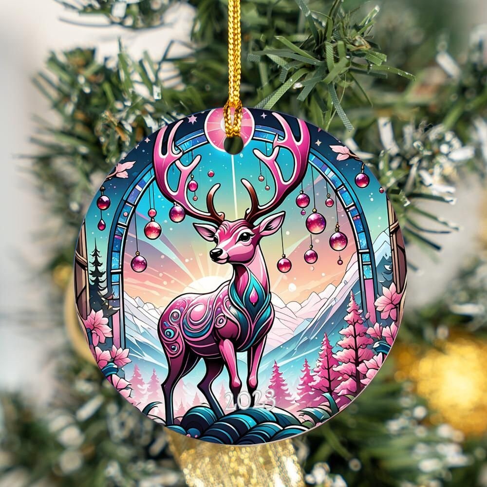 Stag Stained Glass Ornament 2024 , Personalized Gift, Pink Fantasy