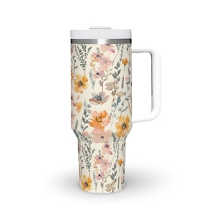 Watercolor Wildflower 40oz Tumbler with Handle Cute Large Tumbler with Straw Floral Travel Cup 40 oz Quencher Unique Gift for Her