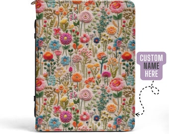 Regenbogen Blumenwiese Bibel Cover Personalisierte, Floral Custom Bibel Cover PU-Leder, Boho christliches Geschenk, süße Bibel Cover, Faux Stickerei