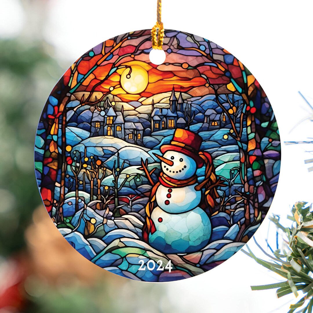 Snowman Sunrise Christmas Ornament 2024 FAUX Stained Glass Ornament ...