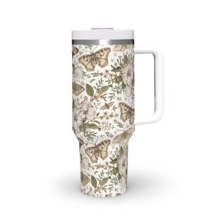 Wildflower Moth 40oz Tumbler with Handle & Straw Large Tumbler Cute Travel Cup 40 oz Quencher Floral Cottagecore Gift for Her