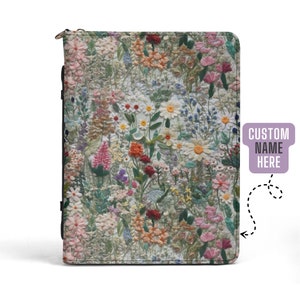 Bijbelomslag Turquoise Flower Meadow aangepaste bijbelhoes voor vrouwen PU-leer, boho bloemen christelijk cadeau gepersonaliseerd, imitatieborduurwerk