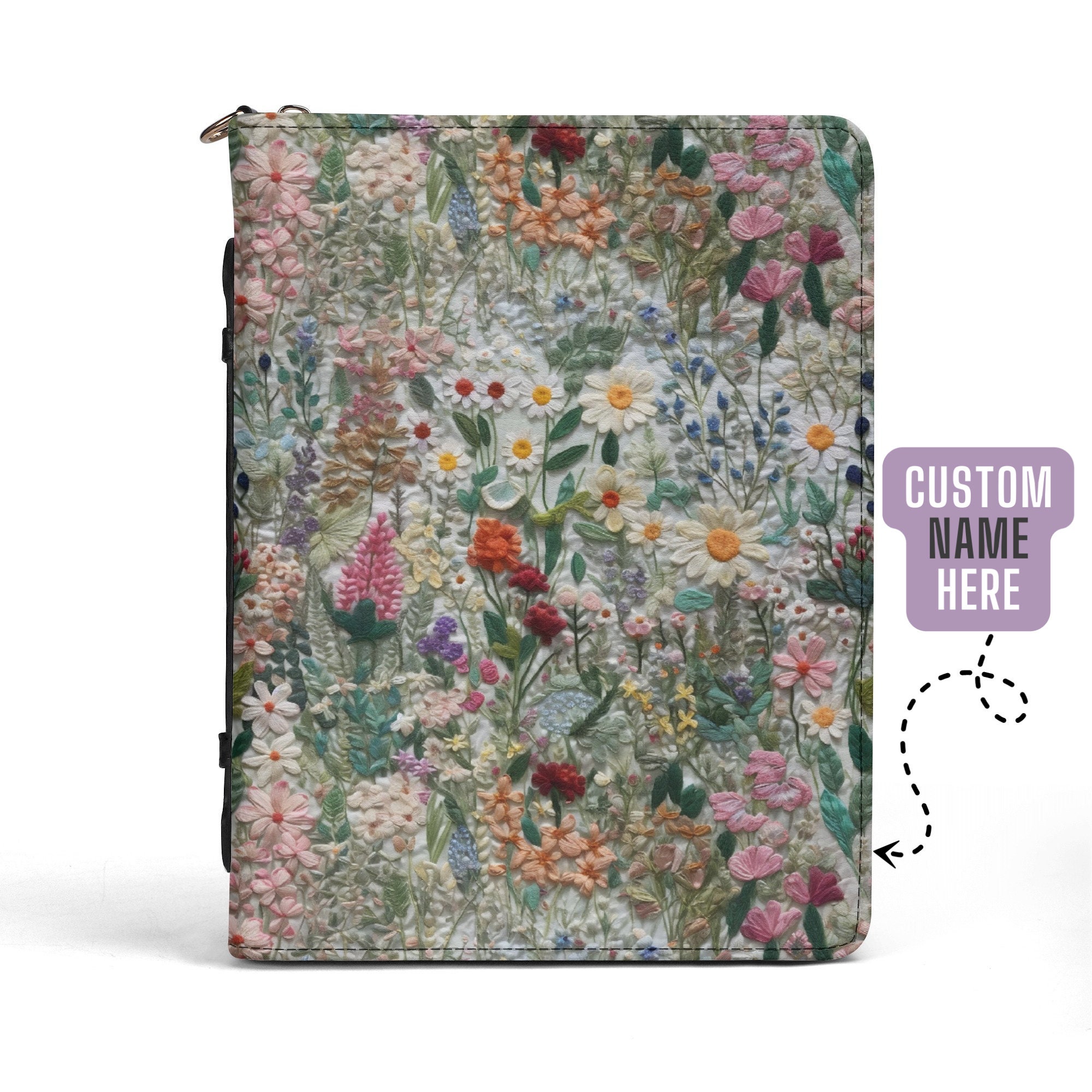 Bible Cover Turquoise Flower Meadow Custom Bible Case for Women PU Leather, Boho Floral Christian Gift Personalized, Faux Embroidery
