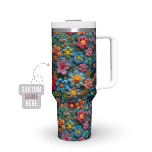 Enchanted Garden Tumbler 40oz Custom Name Tumbler with Handle & Straw Personalized Tumbler Cup Floral Quencher Gift for Her FAUX Embroidery