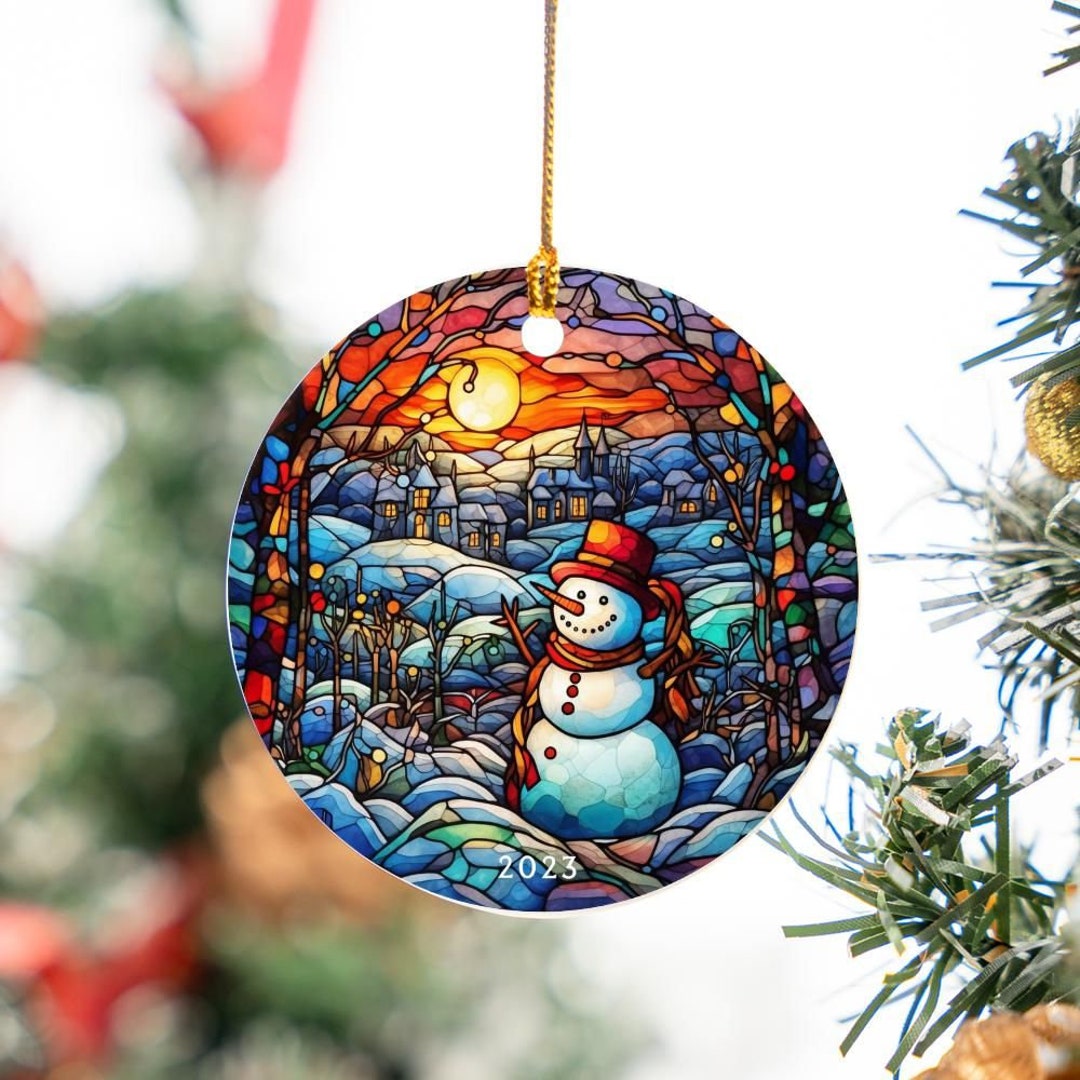 Personalizable Stained Glass Ornament Snowman Blue Christmas - Etsy