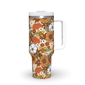 Hippie Flower 40oz Tumbler with Handle & Straw Large Tumbler Cute Retro Floral Travel Cup 40 oz Quencher Unique Gift for Her