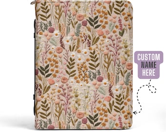 Wildblumenwiese Bibelhülle für Frauen, Benutzerdefinierte Bibelhülle PU-Leder, Boho Floral Christian Geschenk, niedliche Bibelhülle, Kunststickerei