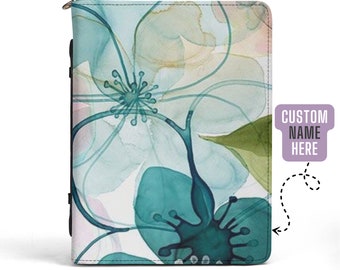 Personalized Floral Bible Cover, Turquoise Flower, Vegan Leather