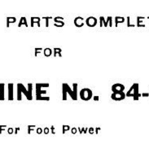 May include: Black and white text on a white background. The text reads "LIST OF PARTS COMPLETE FOR MACHINE No. 84-1 For Foot Power".