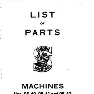 Puede incluir: Una imagen en blanco y negro de una lista de piezas de máquina de coser Singer para los modelos 95-40, 95-41 y 95-42. El logotipo de Singer Sewing Machine aparece en la parte superior de la página.