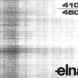 Könnte beinhalten: Schwarzweißes Bild eines Nähmaschinen-Bedienungsanleitungs mit dem Text "410 450" und dem Wort "elna" in Fettdruck unten.