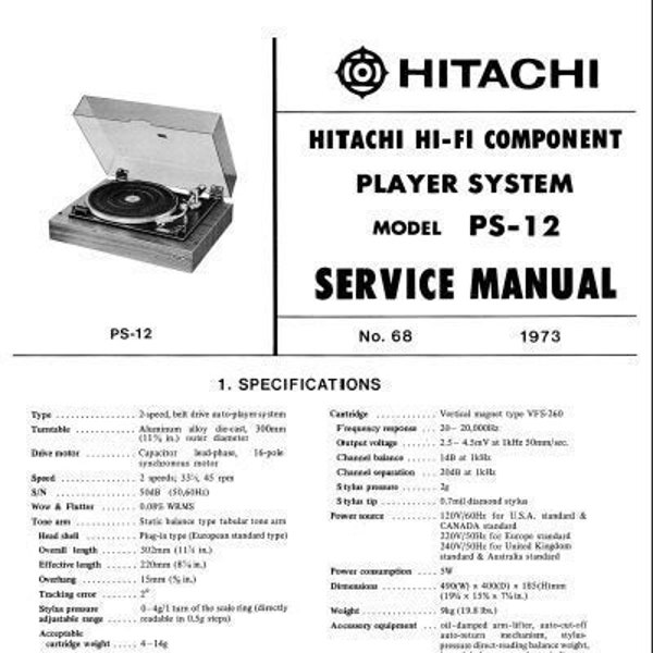 HITACHI PS-12 Service Manual Belt Drive Turntable in ENGLISH
