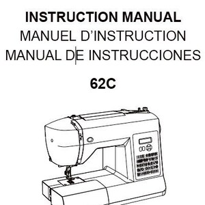 May include: Black and white line drawing of a Singer 62C sewing machine. The machine has a white digital display and a black foot pedal. The Singer logo is in the bottom right corner.