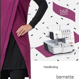 May include: A pink and black overlock sewing machine with the model number b68 Airlock and the brand name bernette Swiss Design. The machine is on a pink surface with black squiggly lines in the background. A woman is wearing a pink and black top in the foreground.