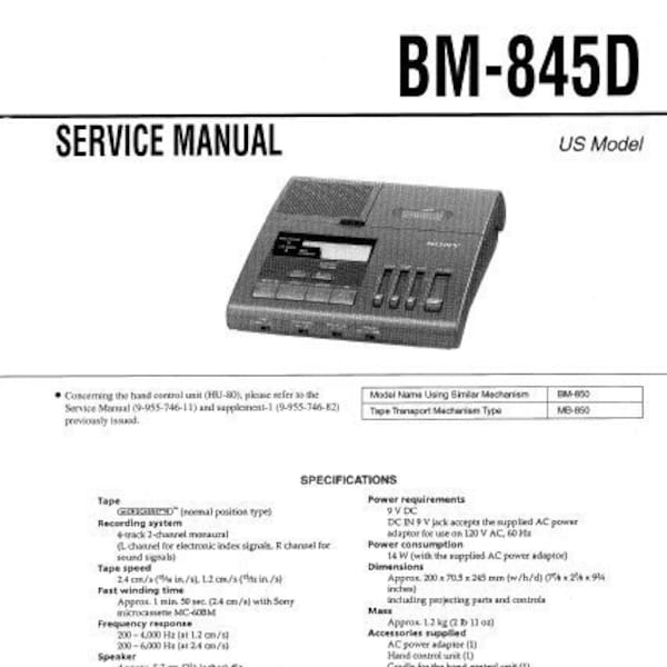 SONY BM-845D Service Manual inc blk diag pcbs schem diag and parts list Microcassette Dictator Transcriber