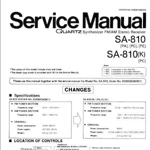 Puede incluir: Un manual de servicio en blanco y negro para el receptor estéreo FM/AM sintetizador de cuarzo Technics SA-810. El manual incluye especificaciones, cambios y un diagrama de la ubicación de los controles. El manual es para los modelos SA-810, SA-810(K), SA-810(PA), SA-810(PC) y SA-810(PE).