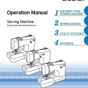May include: Black and white illustration of a sewing machine on a blue and white patterned background. The image is from a Brother sewing machine operation manual. The manual includes sections on knowing your sewing machine, sewing basics, utility stitches, and an appendix.