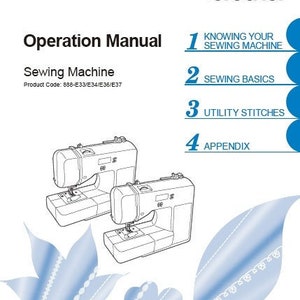 May include: White operation manual for a Brother sewing machine. The cover features the text "Operation Manual" and "Sewing Machine." The manual includes sections on sewing basics and utility stitches. Two sewing machine illustrations are shown.