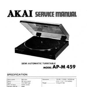 May include: Black and silver Akai AP-M 459 semi-automatic turntable with a belt drive system and a DC servo motor. The turntable has a 13-1/3 and 45 rpm speed, a 215 mm effective arm length, and a static balance tone arm. The turntable measures 13.8 x 3.6 x 13.6 inches and weighs 5.7 lbs.