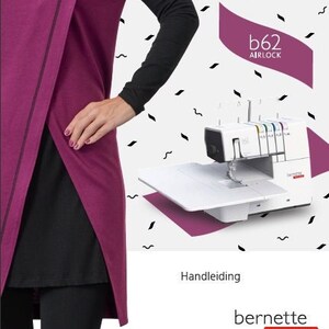 May include: A woman wearing a purple and black shirt with a black and white pattern. The image also shows a Bernina b62 Airlock sewing machine with a white base and a pink surface.