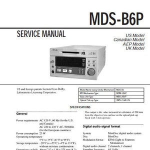 Könnte beinhalten: Ein schwarz-weißes Servicehandbuch für den Sony MDS-B6P MD-Player. Das Handbuch enthält Spezifikationen für das Gerät, einschließlich der Leistungsanforderungen, Abmessungen und Lasermerkmale.